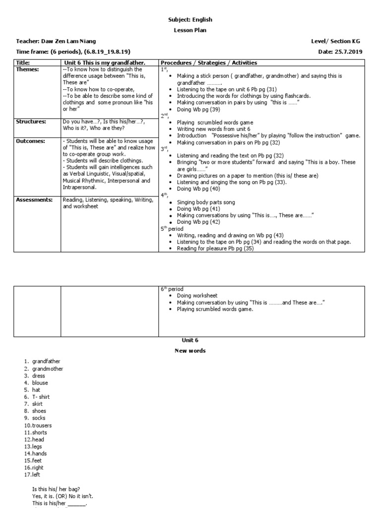 Lesson Plan For Unit 6 | PDF | Linguistics | Cognition