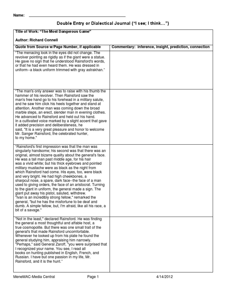 Most Dangerous Game Dialectical Journal PDF Leisure