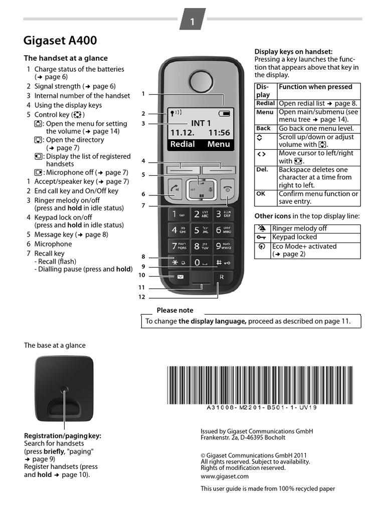 Gigaset A400 PDF Rechargeable Battery Telephone