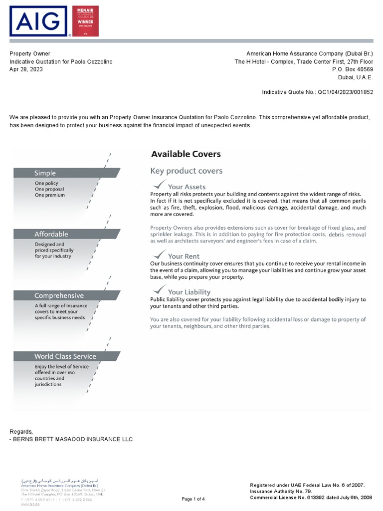 Property Insurance Quote for Cozzolino | PDF | Insurance | Liability ...