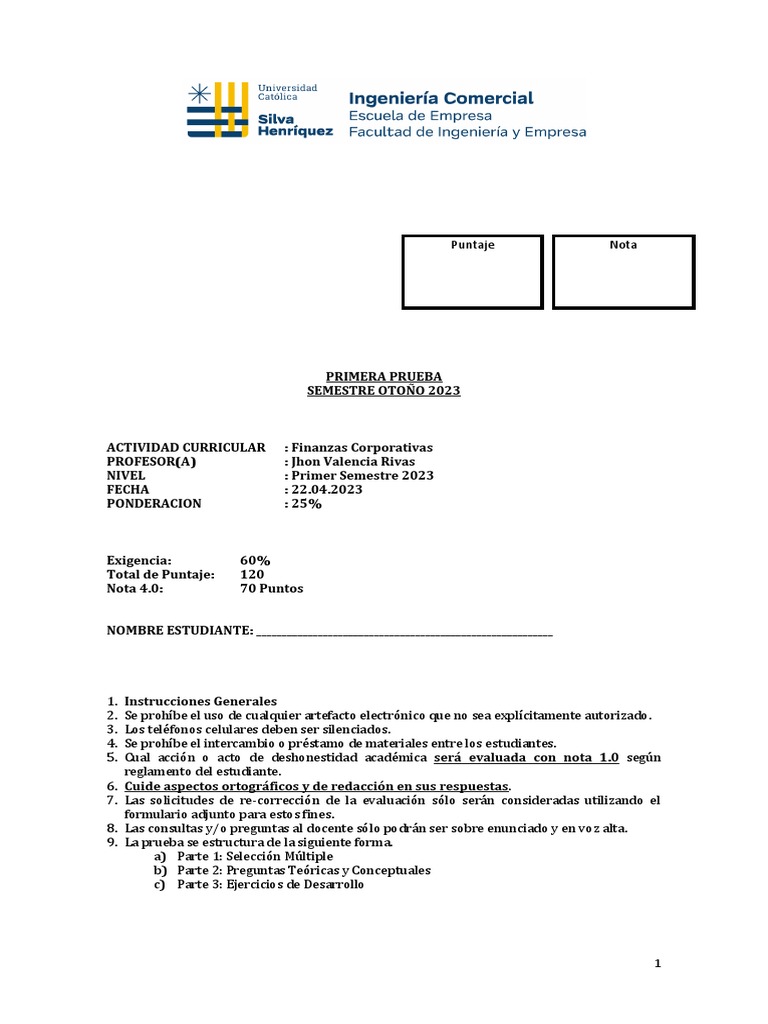 Prueba de Finanzas Corporativas 2023 | PDF | Inversiones | Economias