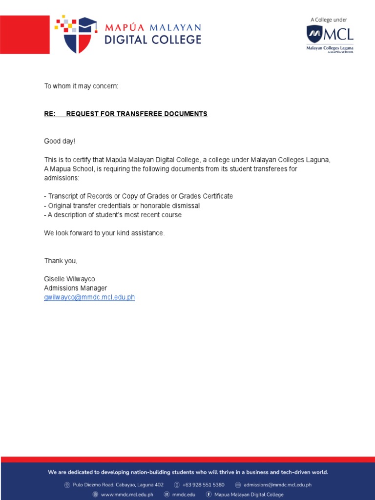 Transferee Document Requirements at MMDC | PDF