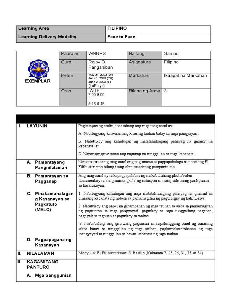 Filipino Lesson Plan Template
