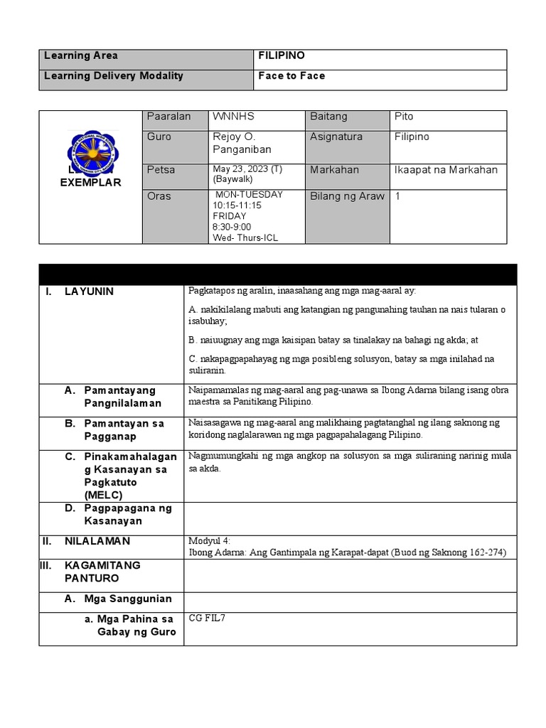 Lesson Plan Template-Filipino 7 4 | PDF