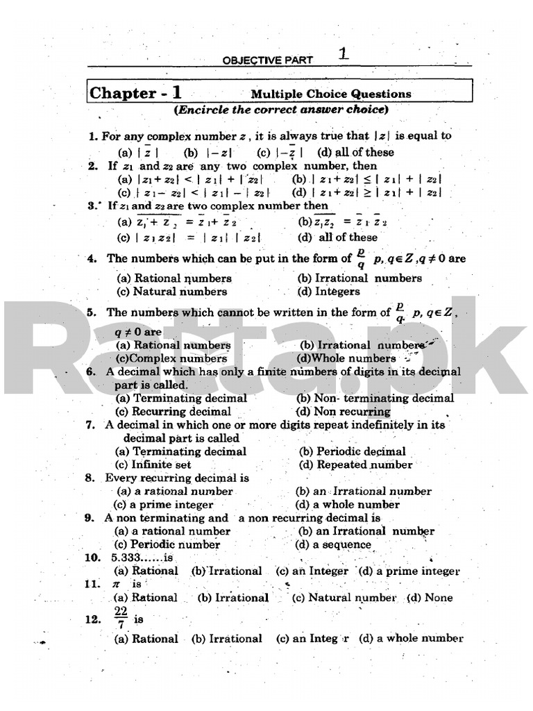 Math 1st year mcqs pdf