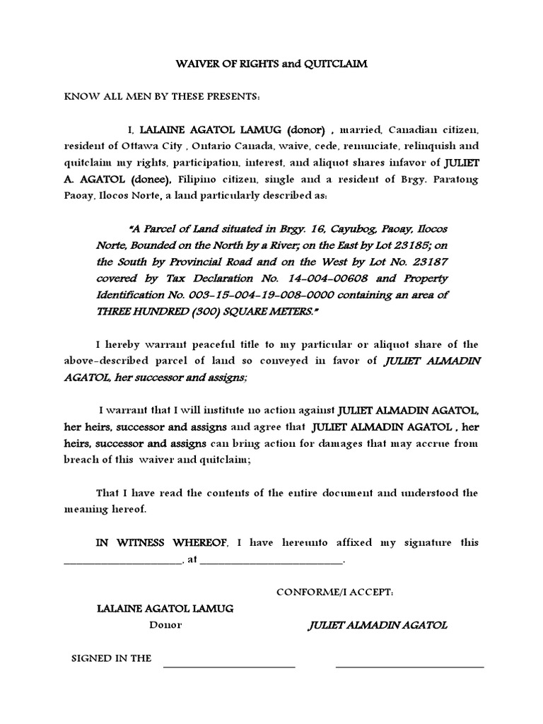 WAIVER OF RIGHTS and QUITCLAIM - LALAINE AGATOL LAMUG | PDF | Power Of ...