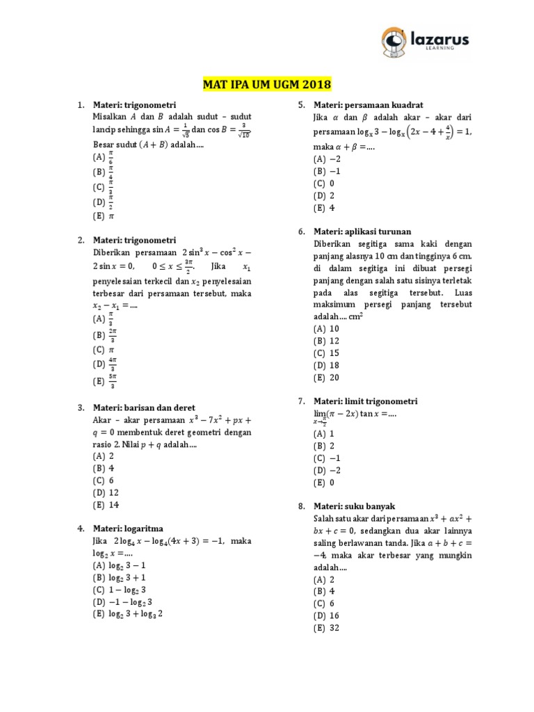 Soal Matematika IPA UGM 2018 | PDF