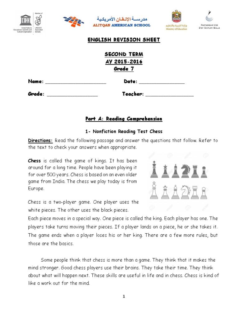 Grade 7 English Revision: Chess Focus | PDF | Chess | The Prince And ...