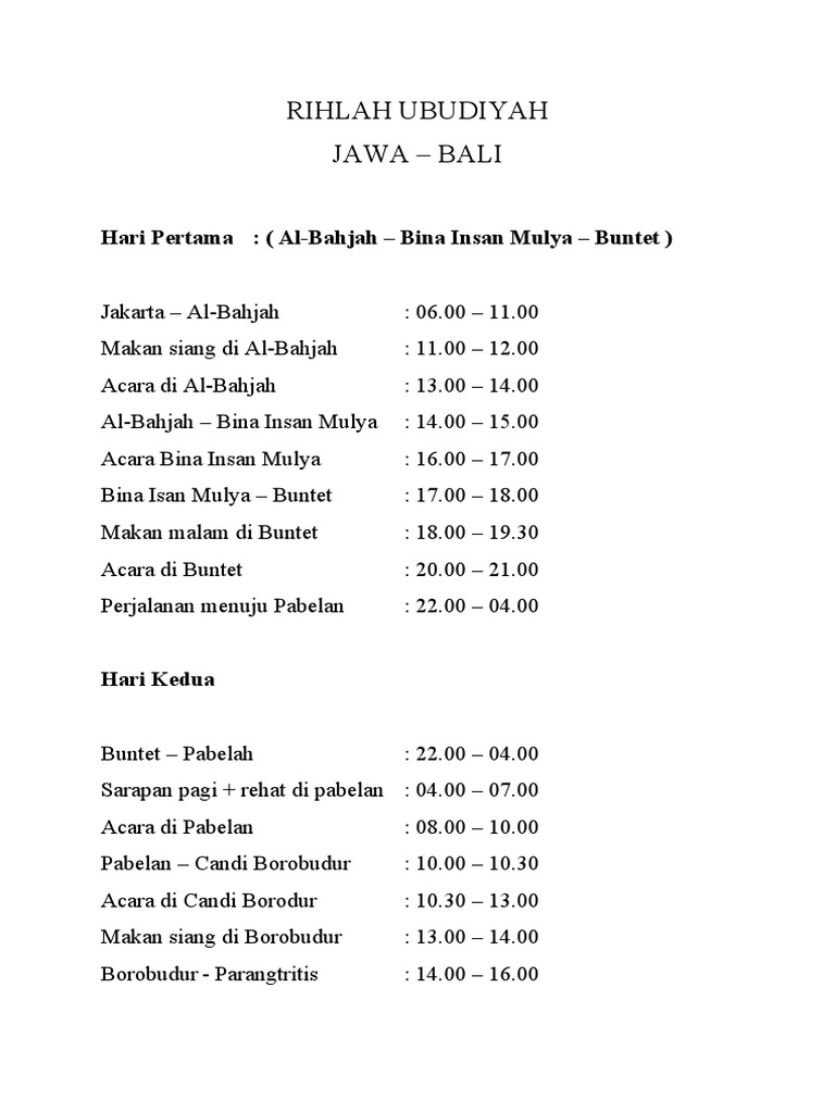 Rencana Rihlah Ubudiyyah Jateng-Bali | PDF
