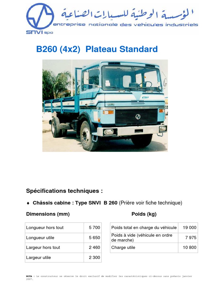 Fiche technique camion SNVI B260 | PDF | Frein | Voitures