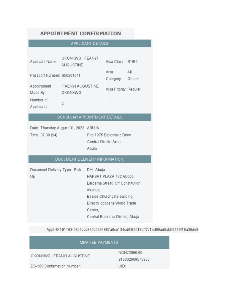 US Visa Appointment Confirmation Abuja | PDF | Travel Visa | Equipment