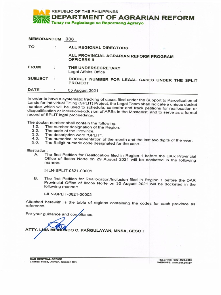 Memo 336 Docket Number For Legal Cases Under The Split Project PDF