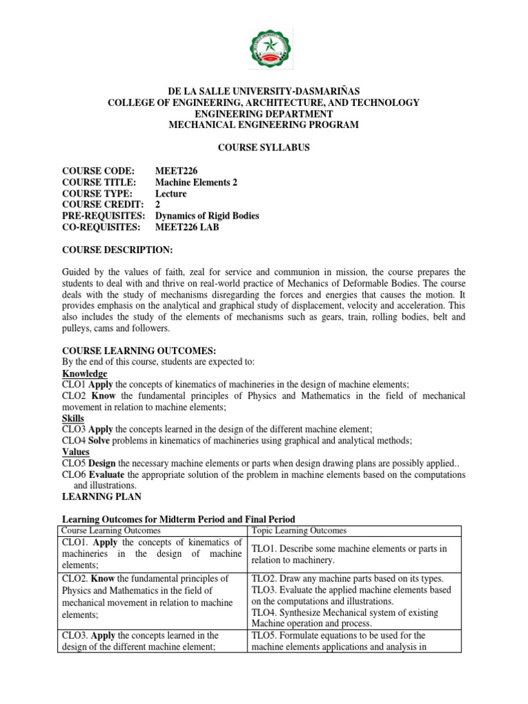 Machine Elements Course Syllabus | PDF | Gear | Machines
