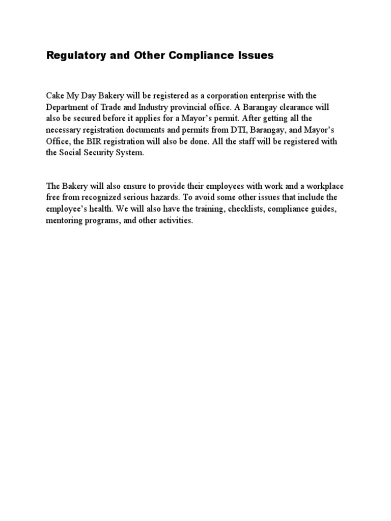 Regulatory and Other Compliance Issues (ENTREPRENEUER BUSINESS PLAN) | PDF