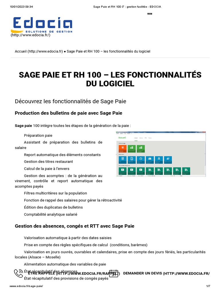 Sage Paie Et RH 100 I7 - Gestion Facilitée - EDOCIA | PDF | Gestion des ...
