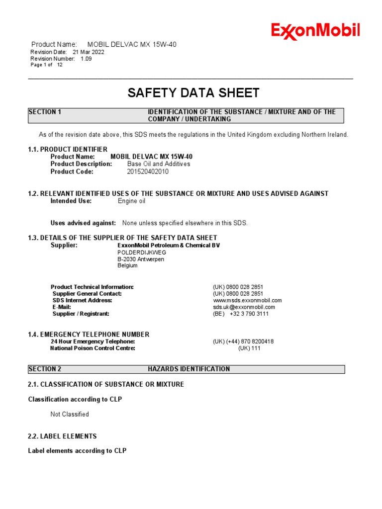 MSDS - Mobil Delvac 15W-40 | PDF | Waste | Toxicity