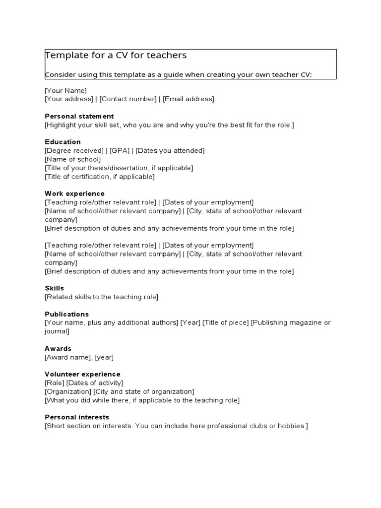 Teacher CV Template Guide | PDF