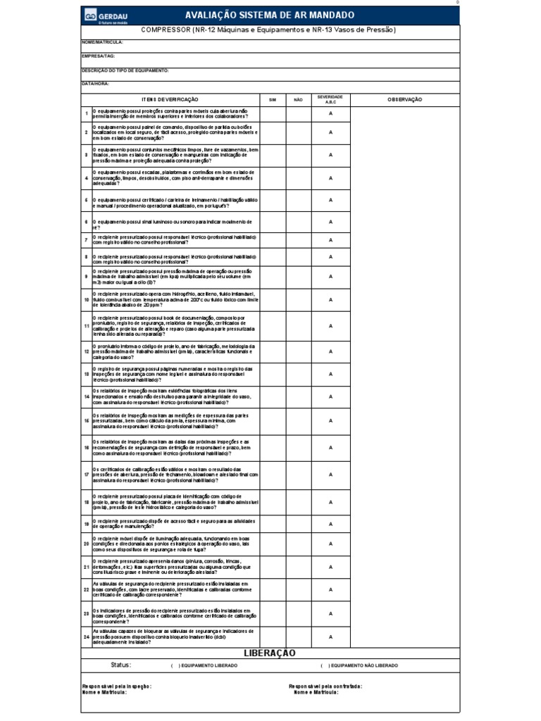 Anexo V - Check List de Liberação Sistema de Ar Mandado (OB-PGG-010-025 ...