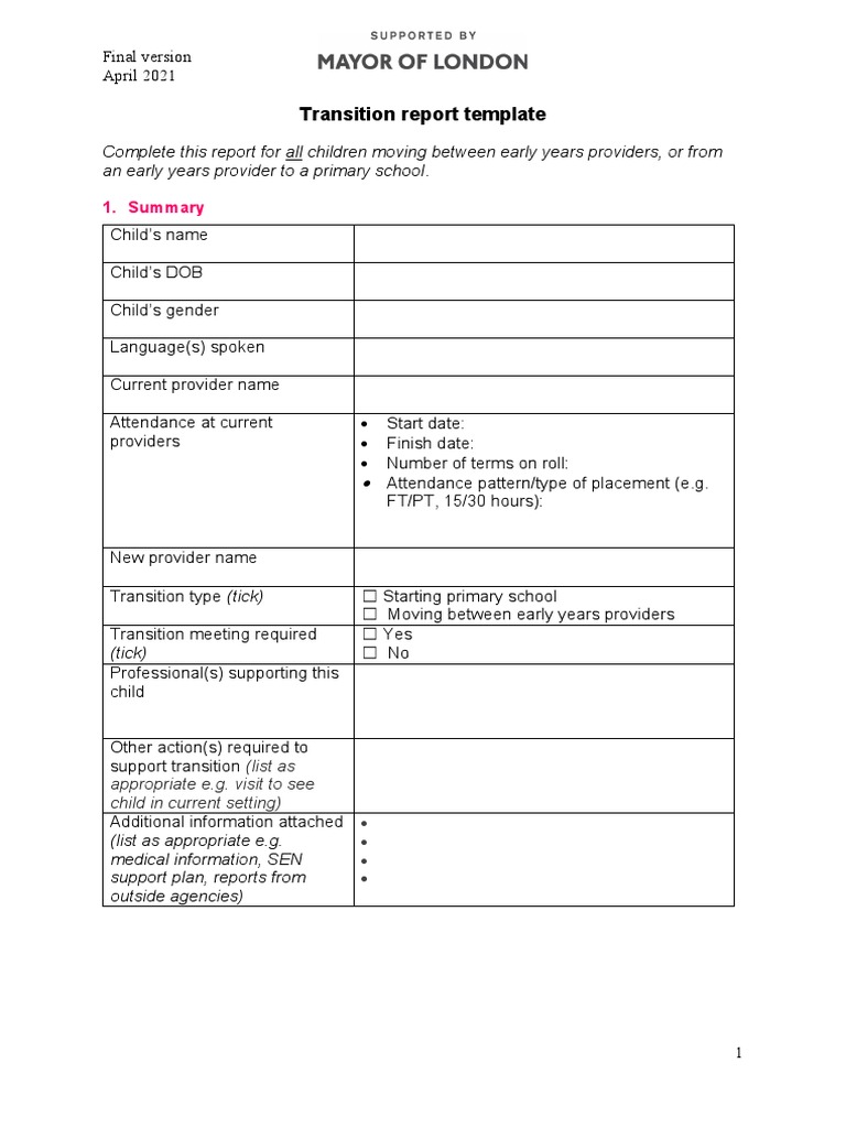 EYFS Transition Report Template | PDF | Caregiver | Behavioural Sciences