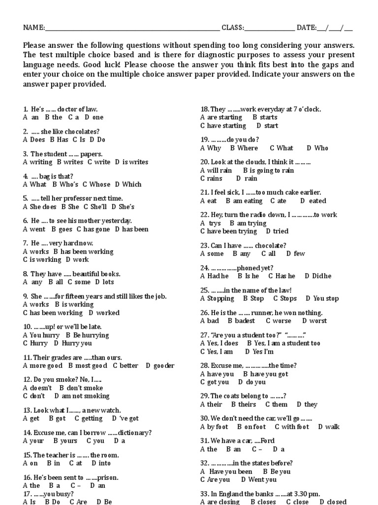 Language Diagnostic Test Questions | PDF | Multiple Choice