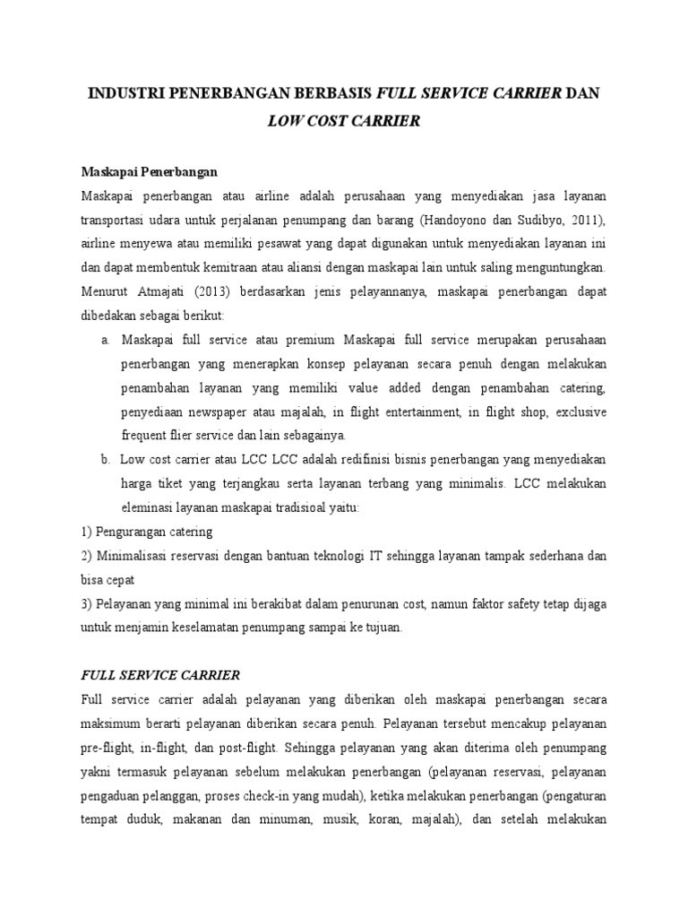 Pertemuan 3 INDUSTRI PENERBANGAN BERBASIS FULL SERVICE CARRIER DAN