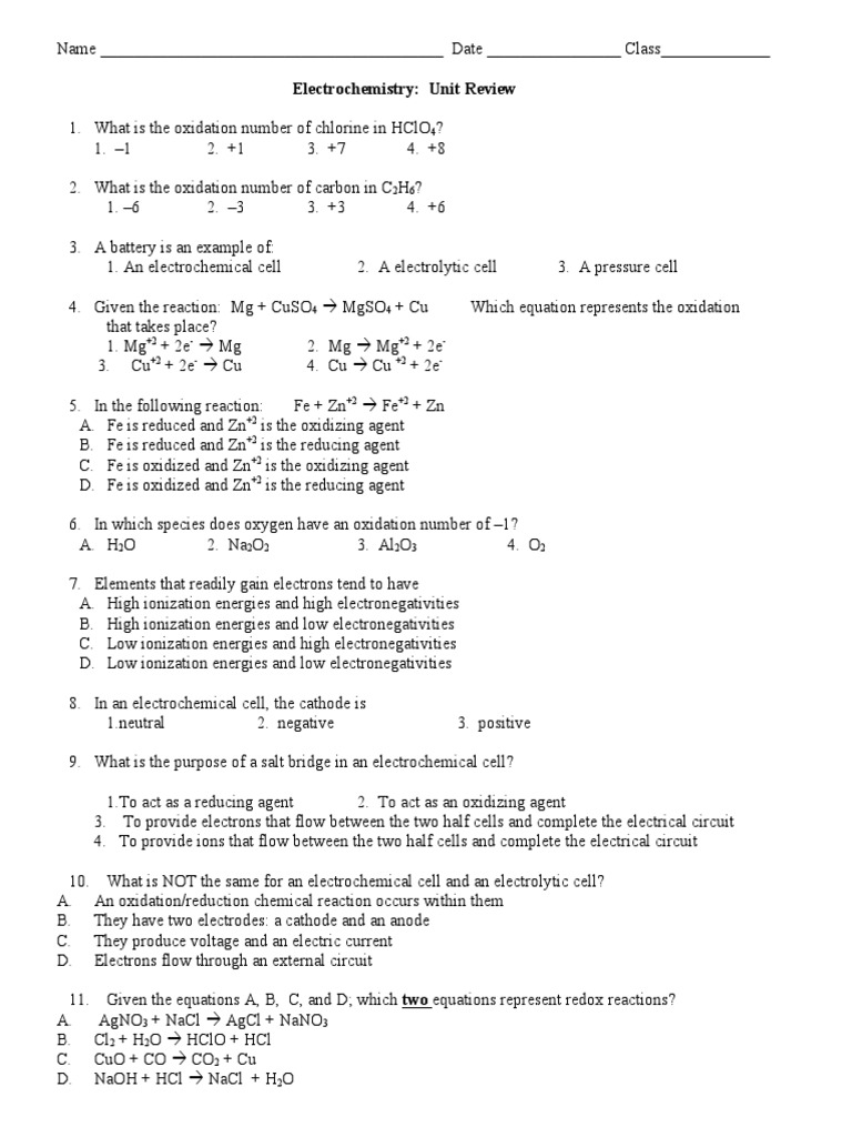 Electrochemistry Unit Review PDF Electrochemistry Redox