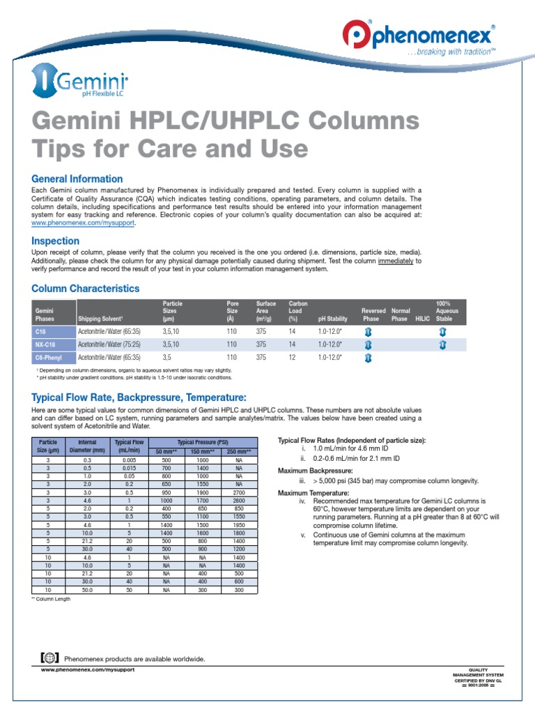 Gemini Column Care | PDF | High Performance Liquid Chromatography ...