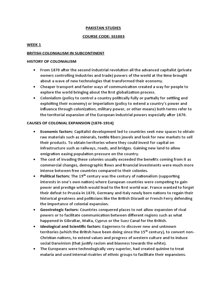 Pakistan Studies Final Notes | PDF | British Raj | British Empire