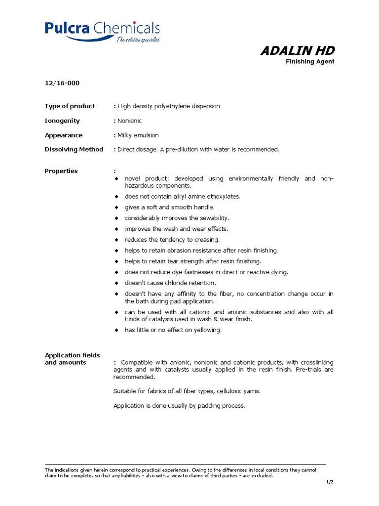 Adalin HD Softening Agent Overview | PDF | Textiles | Materials