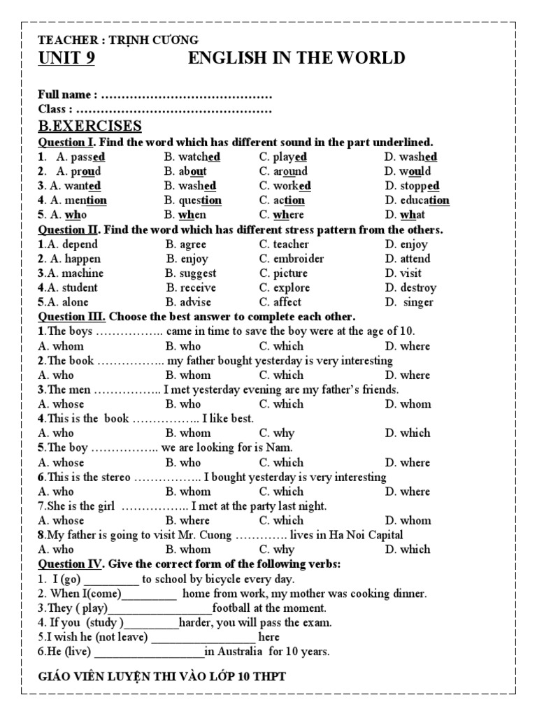 Exercises For Unit 9 English 9 | PDF | English Language | Linguistics