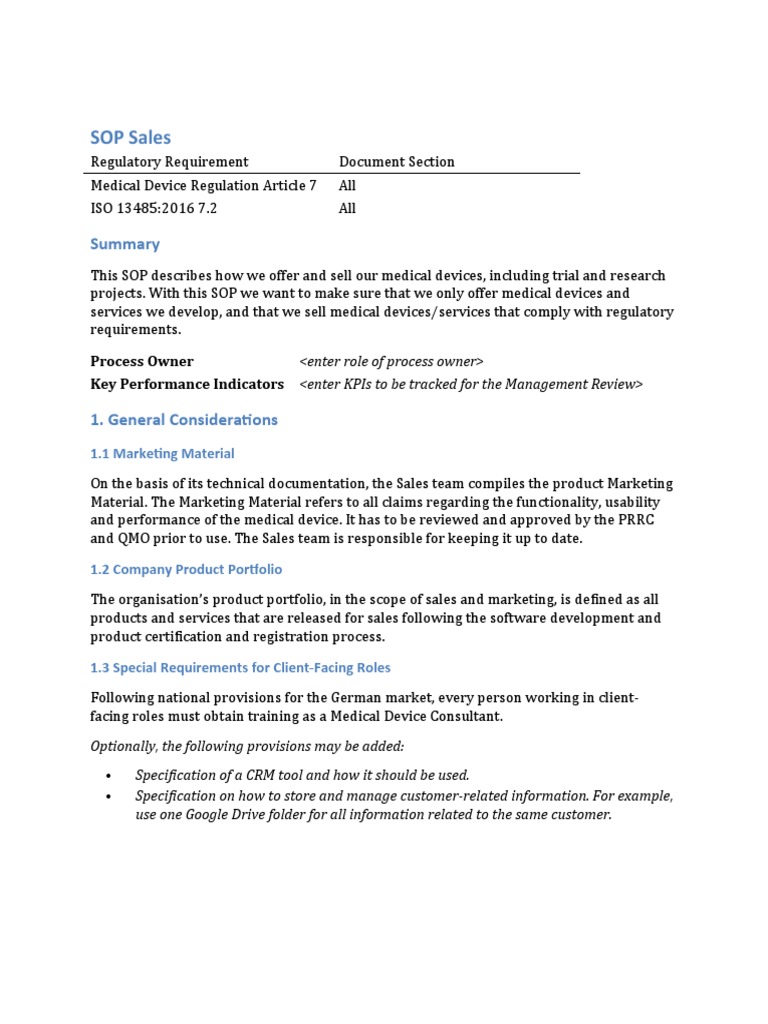 Sop Sales PDF Medical Device Sales