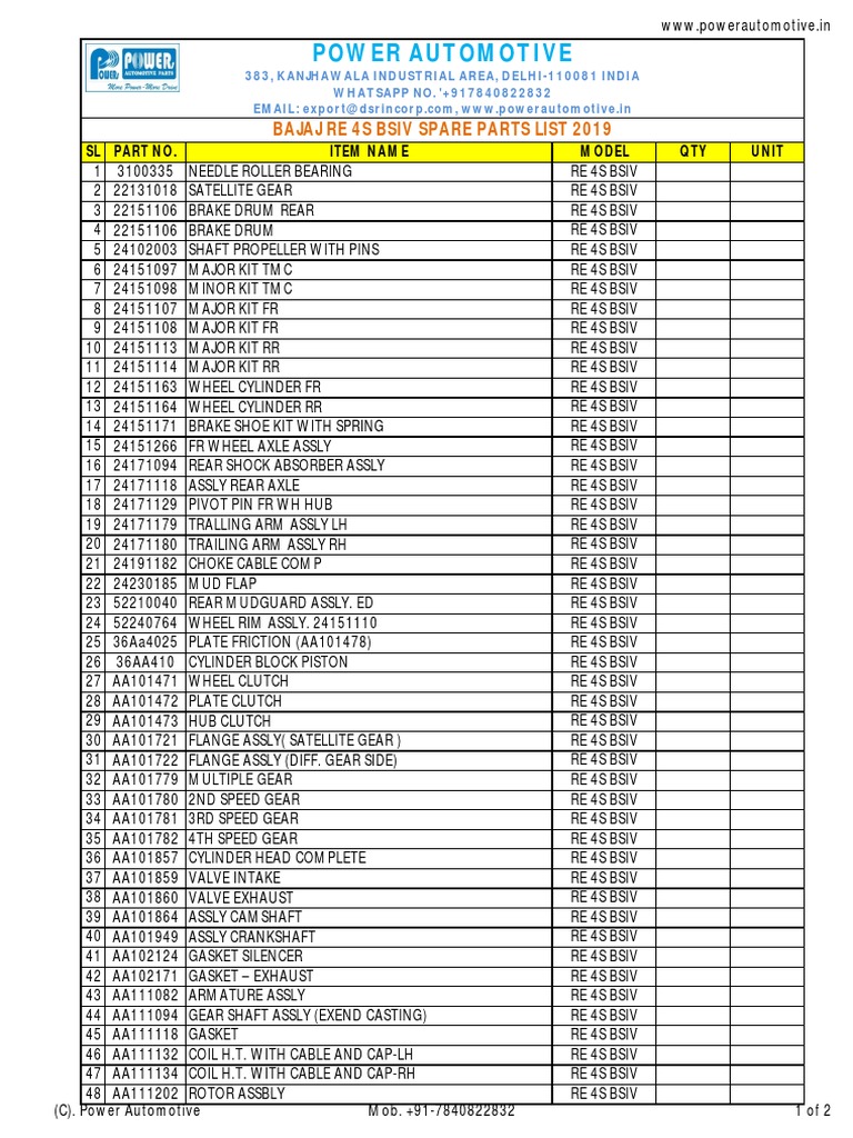 Bajaj RE 4S BSIV Spare Parts List 2019 | PDF | Vehicles | Mechanical ...