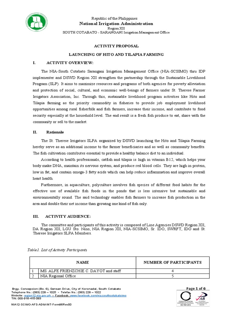 HITO AND TILAPIA 2023 Activity Proposal PDF Agriculture