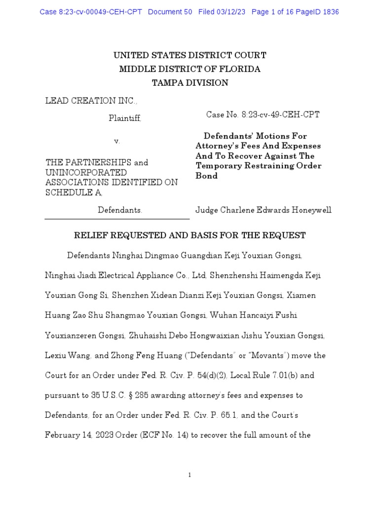 Lead Creation v. Schedule A (MDFL) - Motion For Fees | PDF | Injunction |  Burden Of Proof (Law)