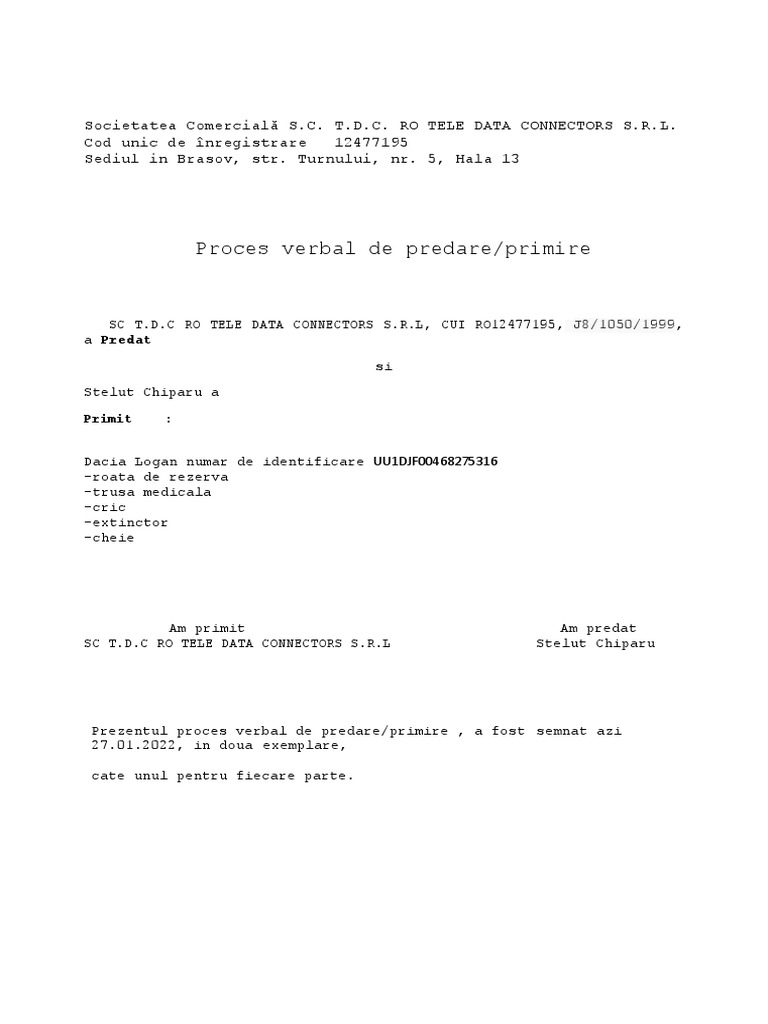 Proces Verbal Predare Primire | PDF