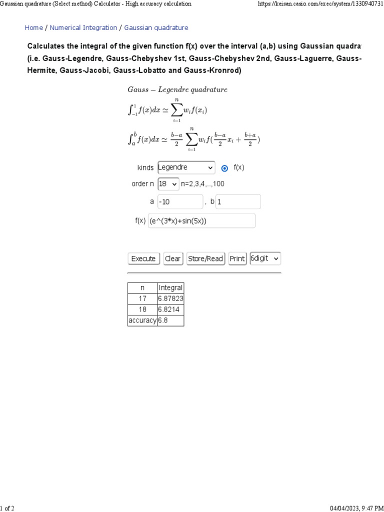 Gaussian quadrature select method calculator high accuracy