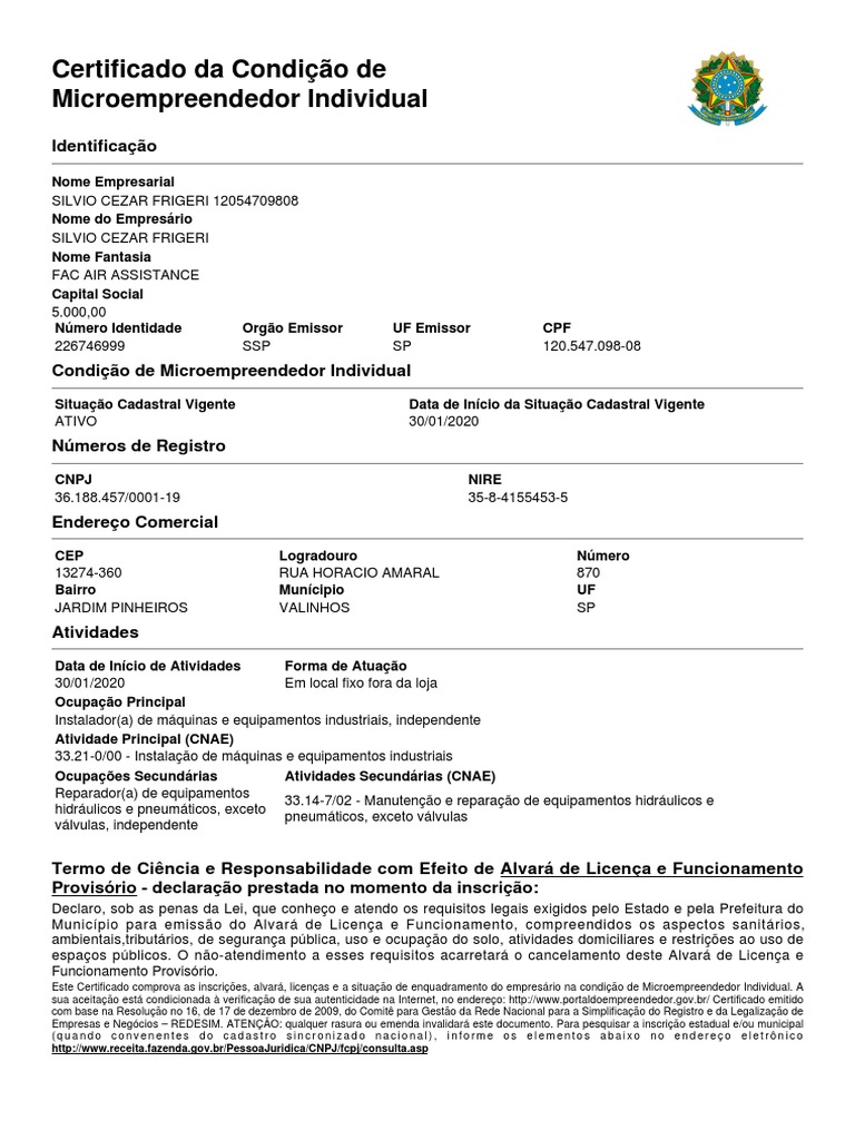 Certificado de Microempreendedor Individual | PDF | Finanças e ...