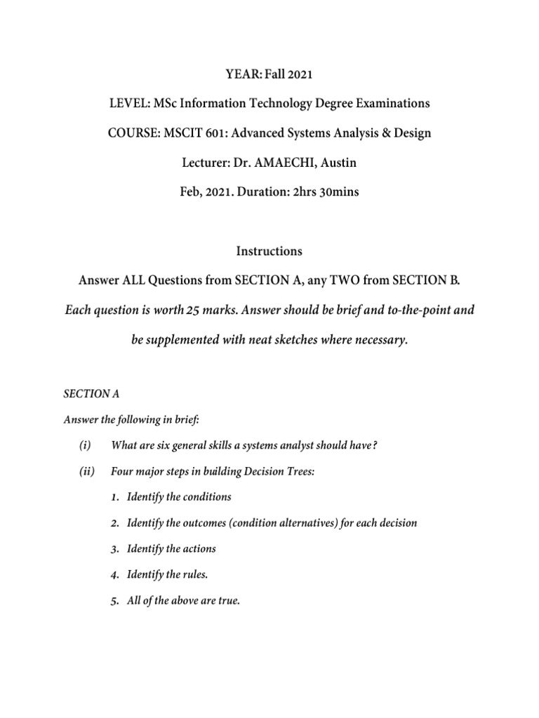 Mscit 601 advanced systems analysis and design febuary 2021 examination