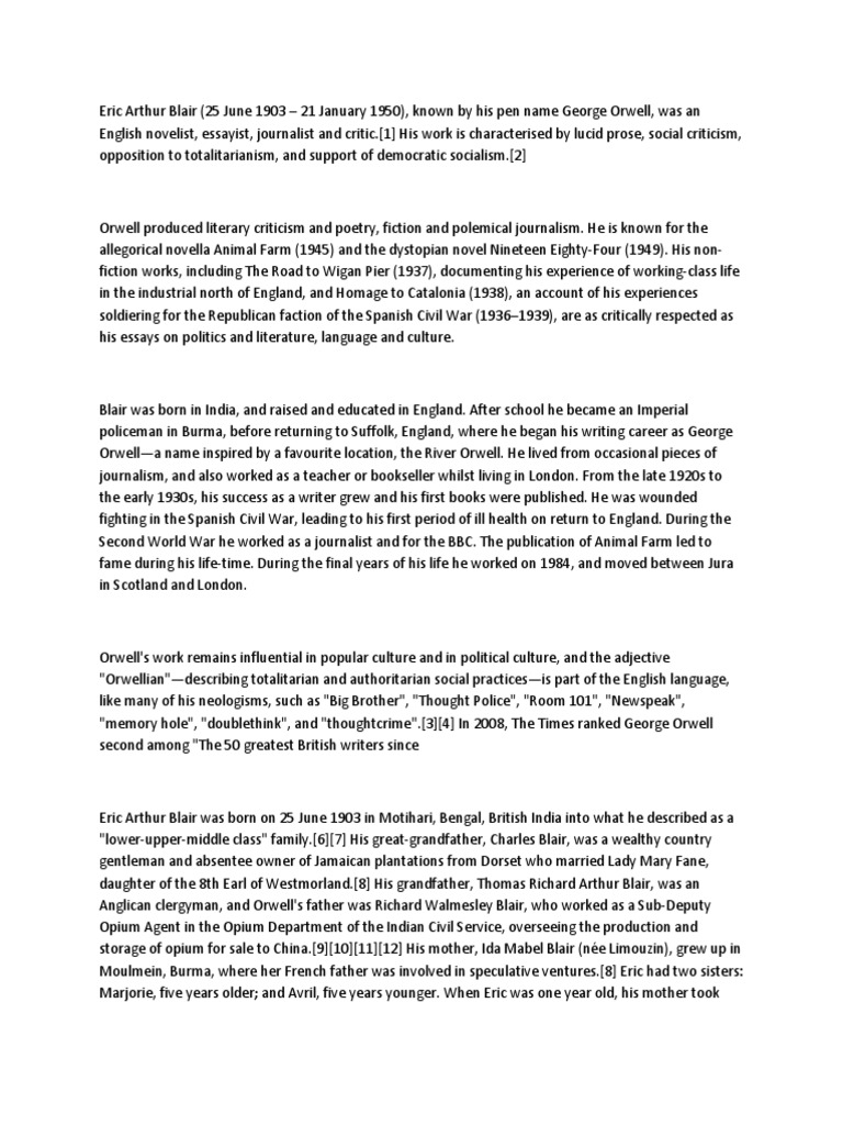 Eric Arthur Blair | PDF | George Orwell