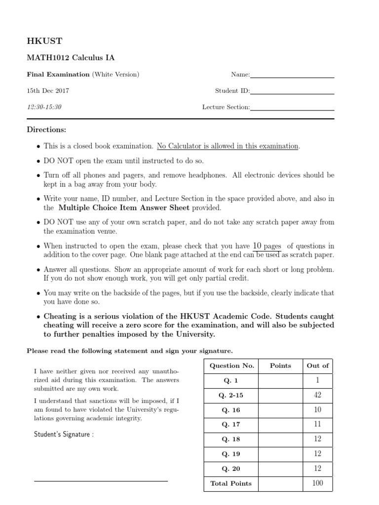 HKUST MATH1012 Final Exam 2017 | PDF | Derivative | Multiple Choice