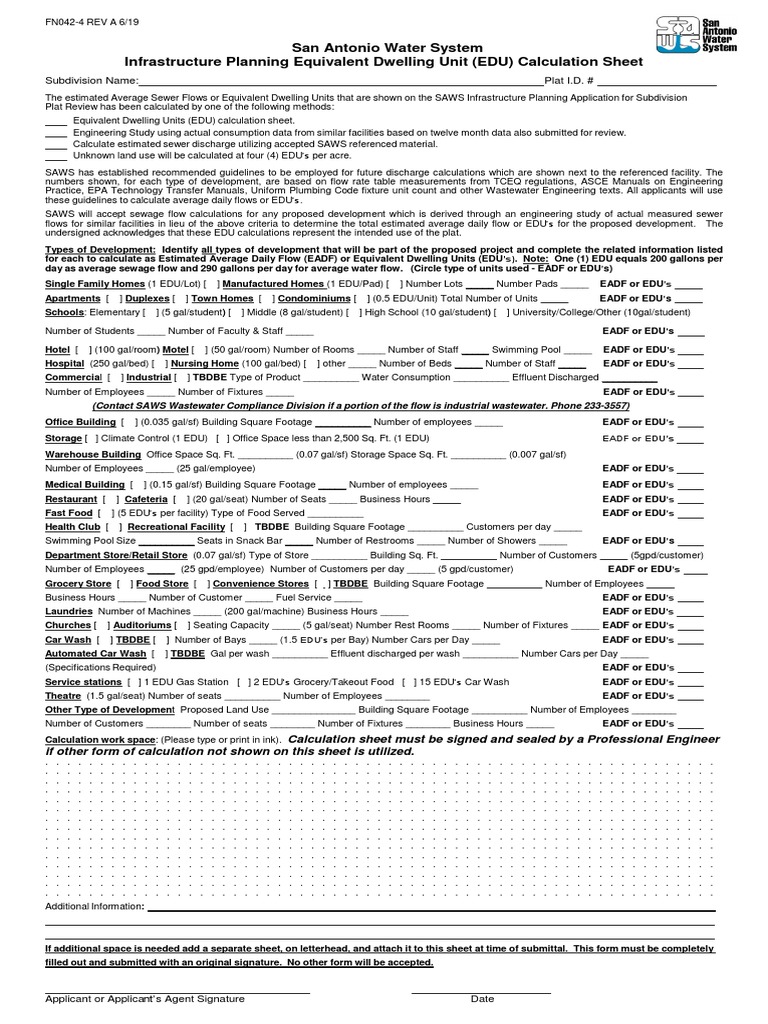 2019 Sewer EDU Calculation Sheet PDF Sewage Combined Sewer