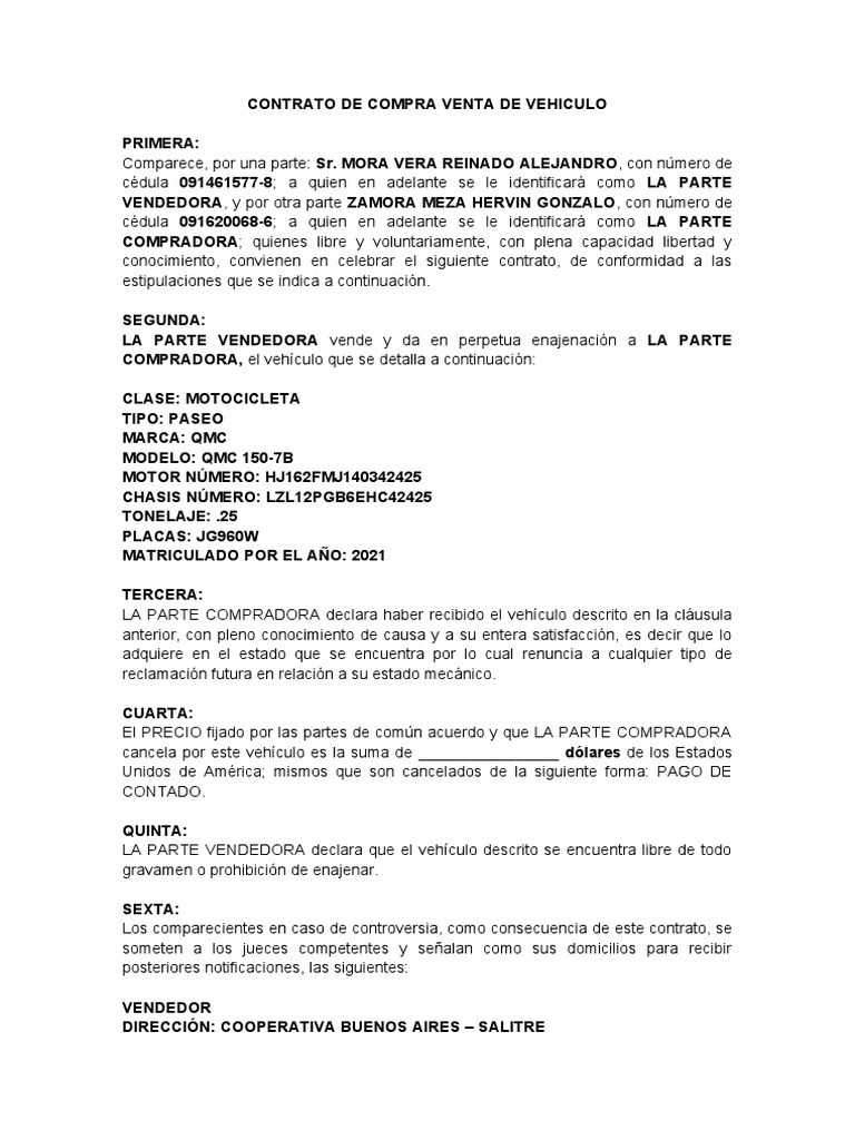 Contrato de Compra Venta de Motocicleta | PDF | Vehículos