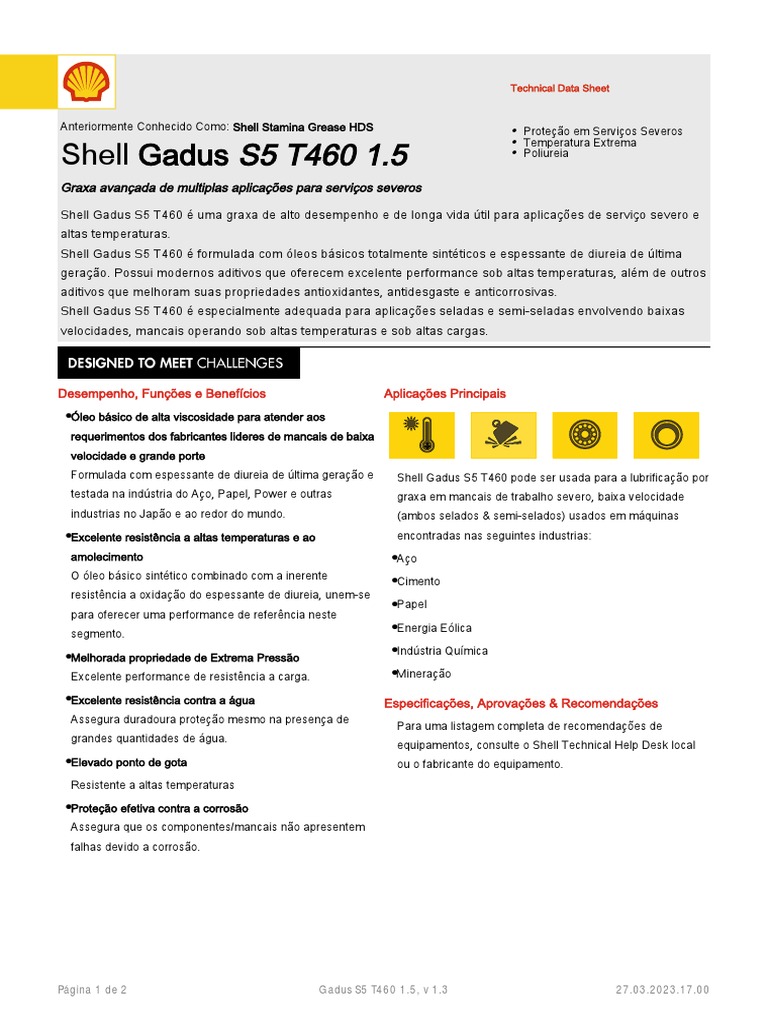 Ficha Técnica Shell Gadus S5 T460 1.5 | PDF | Química | Temperatura