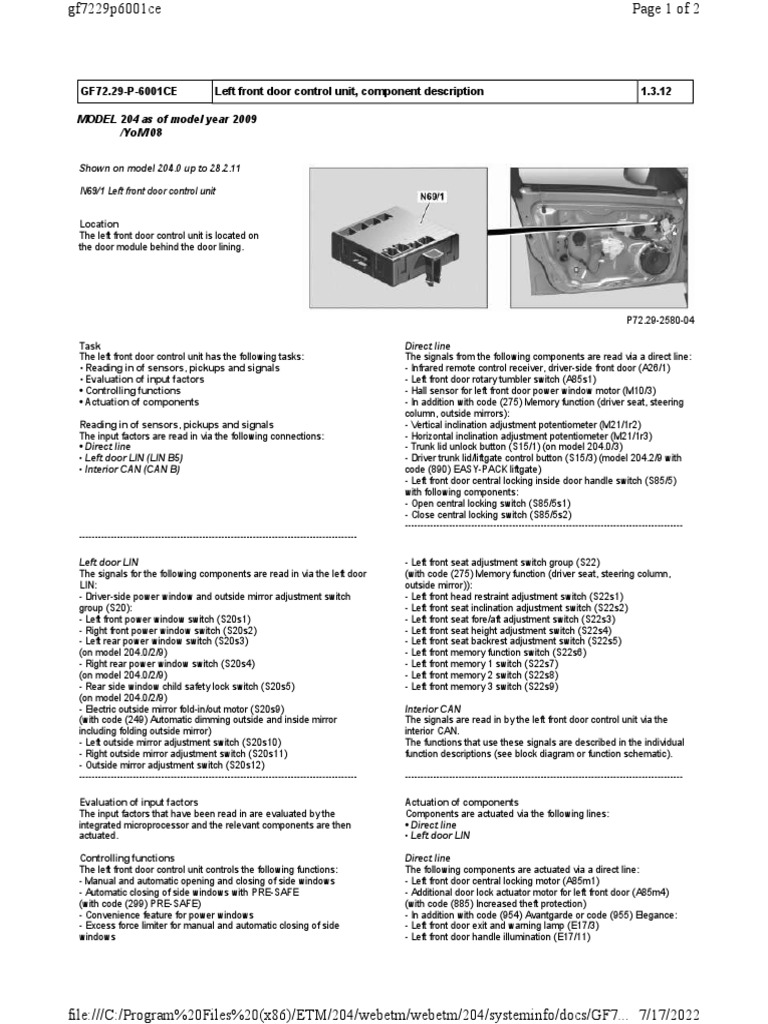 Left Front Door Control Unit Overview | PDF | Door | Switch