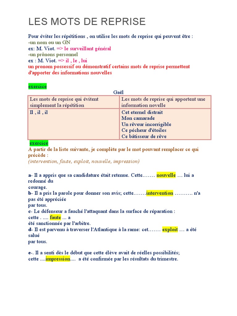 Mots De Reprise Et Pronoms En 8 me PDF M canique Du Langage 