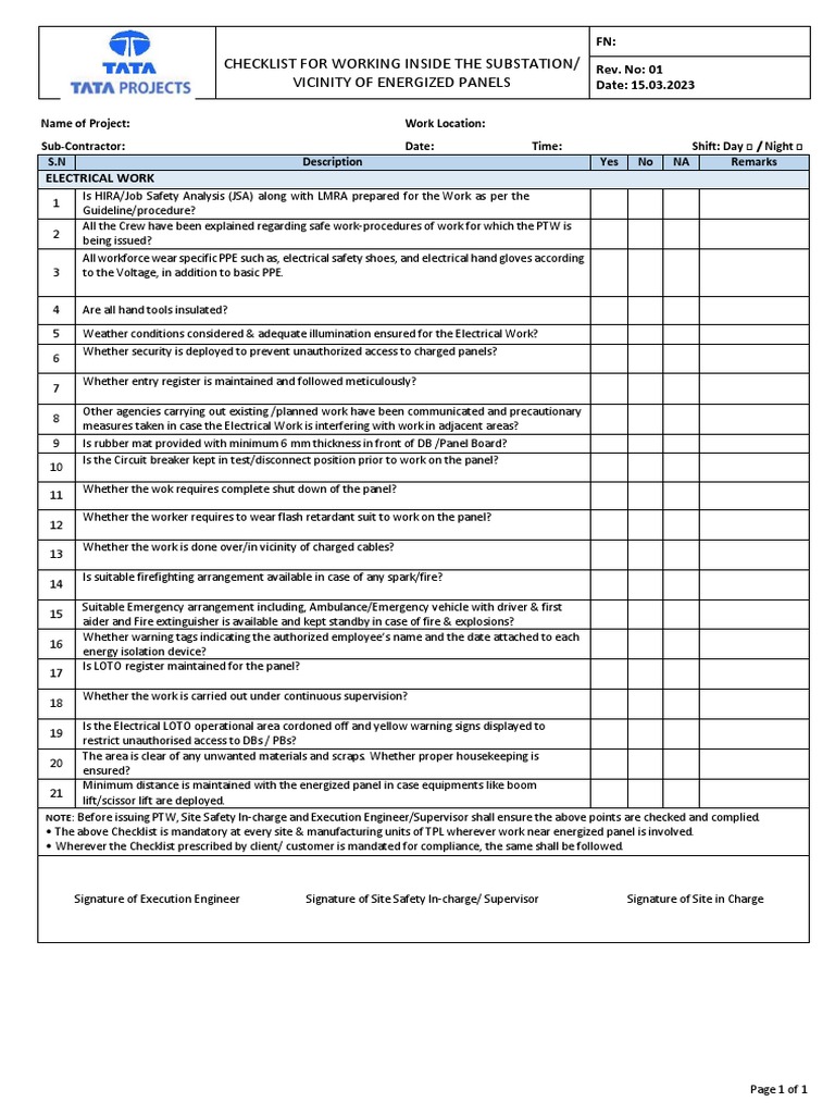 Substation Safety Inspection Checklist | PDF | Electrical Substation ...