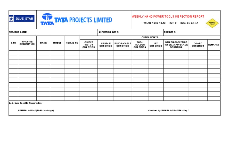 Weekly Hand Power Tools Inspection Report | PDF