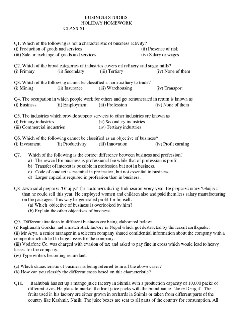 Class XI Business Studies Homework | PDF | Business | Economies