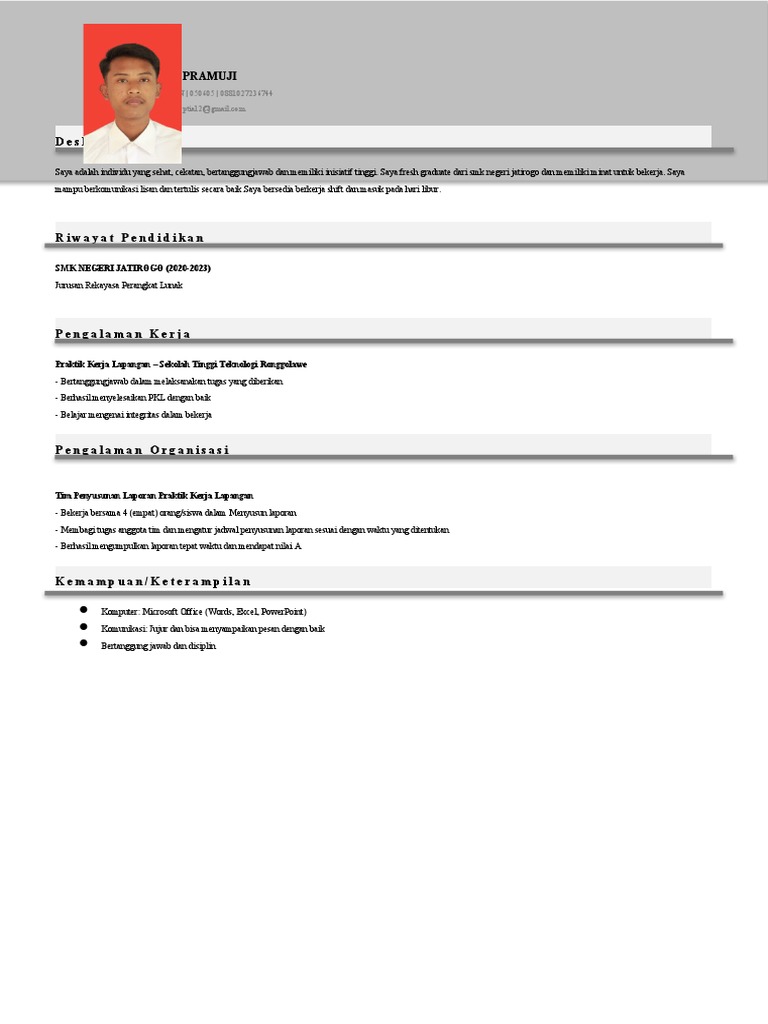 Contoh CV Lamaran Kerja untuk Lulusan SMK