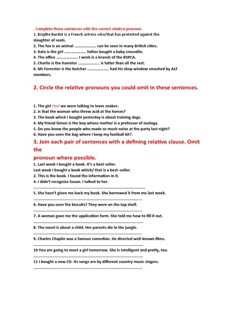 Complete These Sentences With The Correct Relative Pronoun | PDF